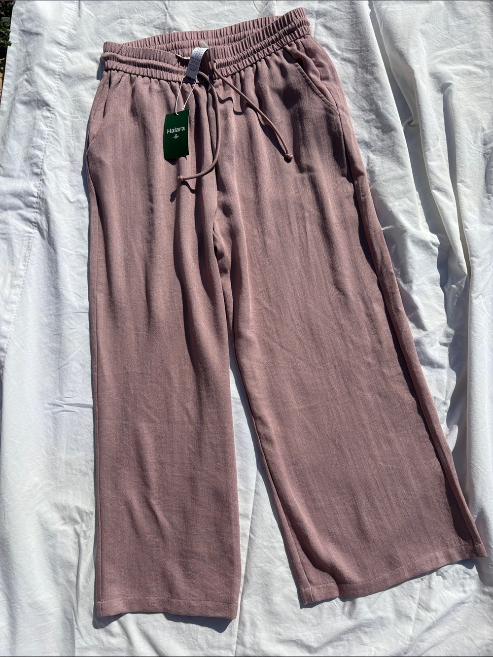 NWT Halara Linen Feel Wide Leg Drawstring Pants foxglove lilac pink PL